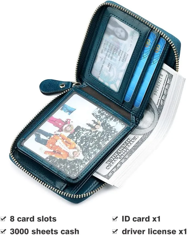 RFID Wallets for women Genuine Leather Zipper Purses Secure Large Capacity Multi-card Clutch colourful Travel Wallets (Bule)