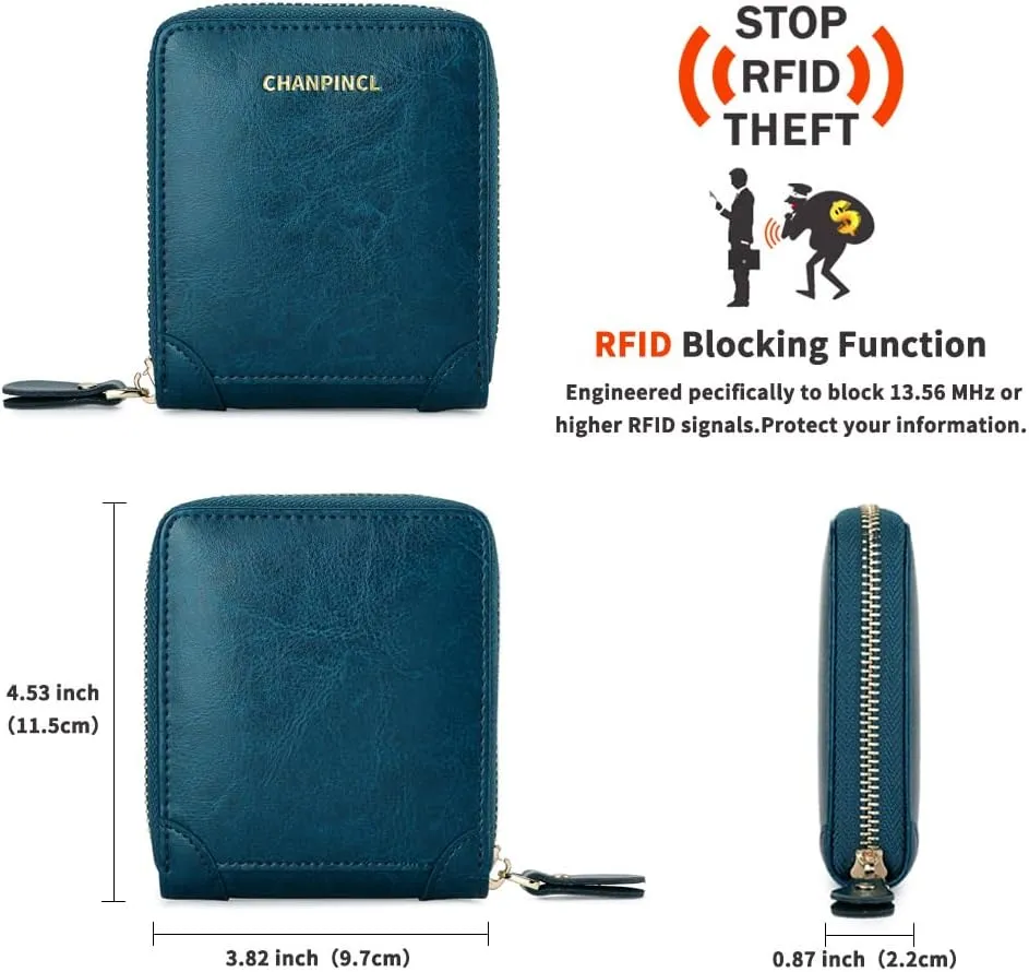 RFID Wallets for women Genuine Leather Zipper Purses Secure Large Capacity Multi-card Clutch colourful Travel Wallets (Bule)