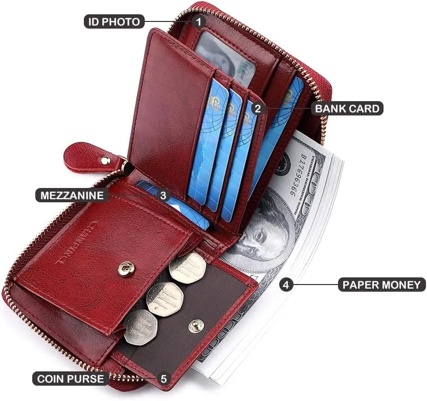 RFID Wallets for women Genuine Leather Zipper Purses Secure Large Capacity Multi-card Clutch colourful Travel Wallets (Red)