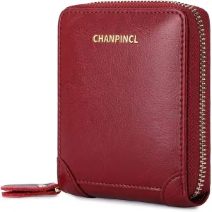 RFID Wallets for women Genuine Leather Zipper Purses Secure Large Capacity Multi-card Clutch colourful Travel Wallets (Red)