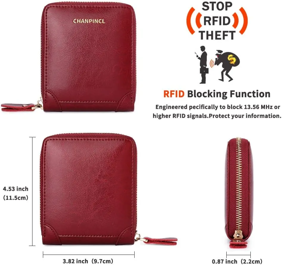 RFID Wallets for women Genuine Leather Zipper Purses Secure Large Capacity Multi-card Clutch colourful Travel Wallets (Red)
