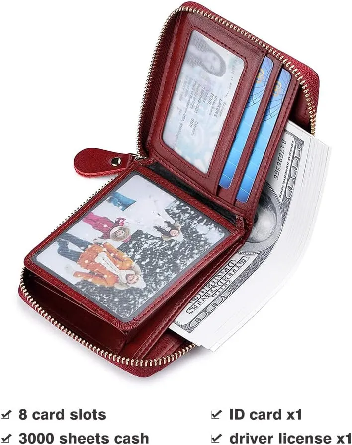 RFID Wallets for women Genuine Leather Zipper Purses Secure Large Capacity Multi-card Clutch colourful Travel Wallets (Red)