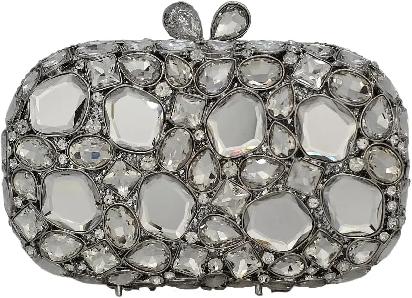Rhinestone Crystal Clutch Purse for Women, Evening Wedding Formal Bag with Synthetic Agate Stones Clasp, Silver