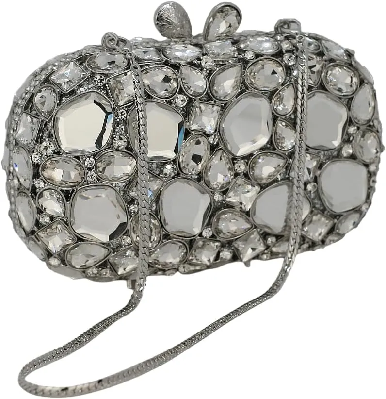 Rhinestone Crystal Clutch Purse for Women, Evening Wedding Formal Bag with Synthetic Agate Stones Clasp, Silver