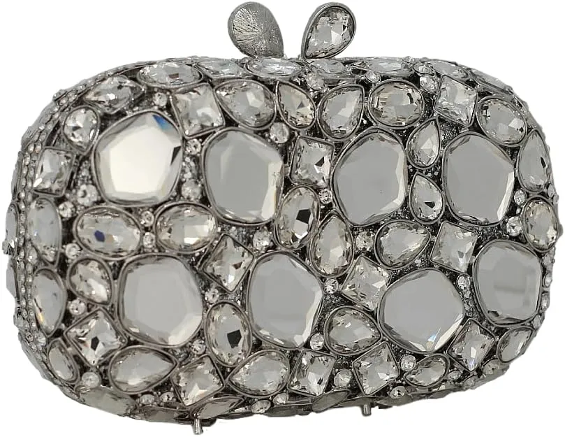 Rhinestone Crystal Clutch Purse for Women, Evening Wedding Formal Bag with Synthetic Agate Stones Clasp, Silver