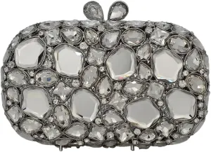 Rhinestone Crystal Clutch Purse for Women, Evening Wedding Formal Bag with Synthetic Agate Stones Clasp, Silver