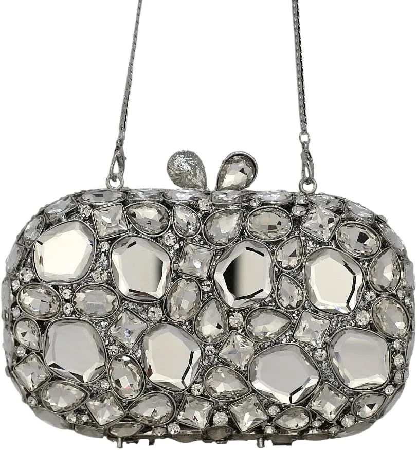 Rhinestone Crystal Clutch Purse for Women, Evening Wedding Formal Bag with Synthetic Agate Stones Clasp, Silver
