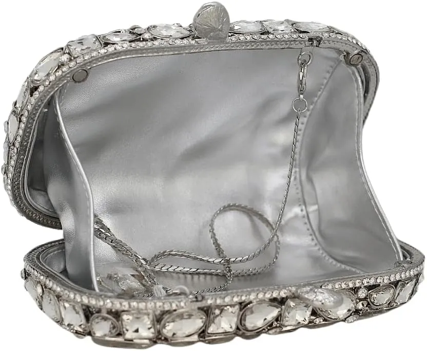 Rhinestone Crystal Clutch Purse for Women, Evening Wedding Formal Bag with Synthetic Agate Stones Clasp, Silver