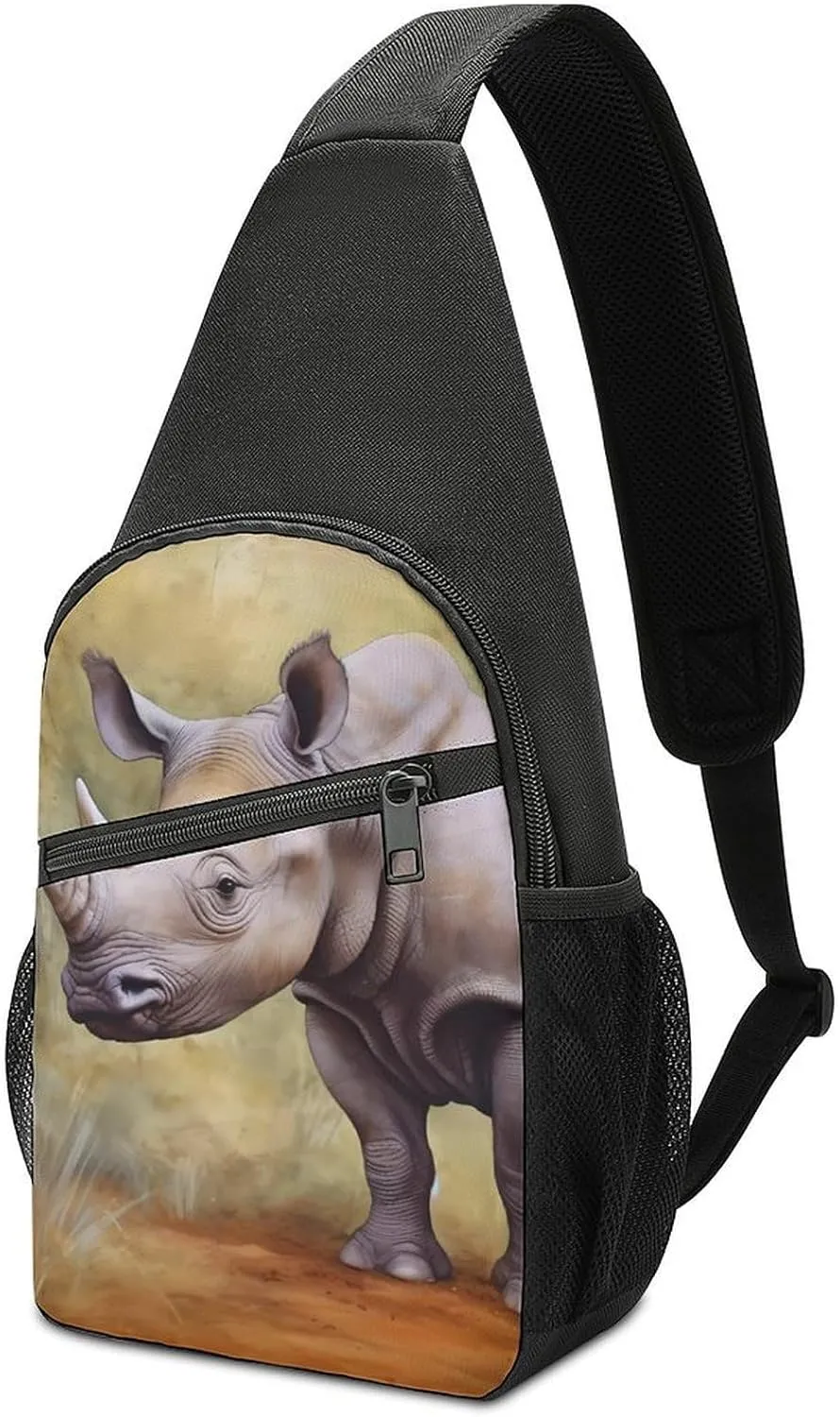 Rhinoceros Mama and Little Print Sling Bag Casual Chest Bag Daypack Unisex Crossbody Backpack for Travel Sports Outdoors