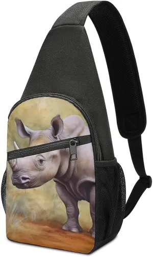 Rhinoceros Mama and Little Print Sling Bag Casual Chest Bag Daypack Unisex Crossbody Backpack for Travel Sports Outdoors