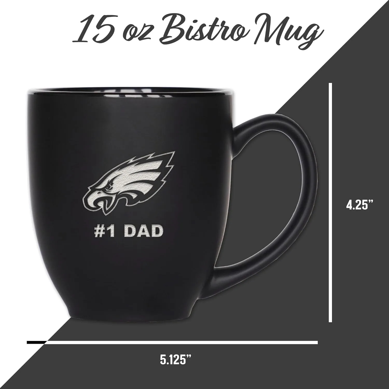 Rico Industries NFL Football #1 Dad 15oz Laser Engraved Matte Black Ceramic Bistro Mug - for Hot or Cold Drinks