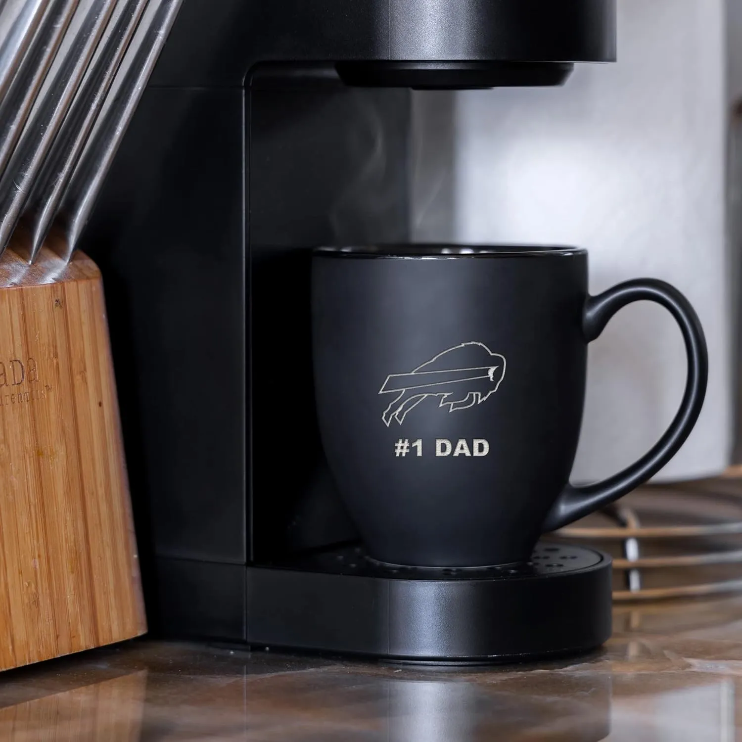 Rico Industries NFL Football #1 Dad 15oz Laser Engraved Matte Black Ceramic Bistro Mug - for Hot or Cold Drinks