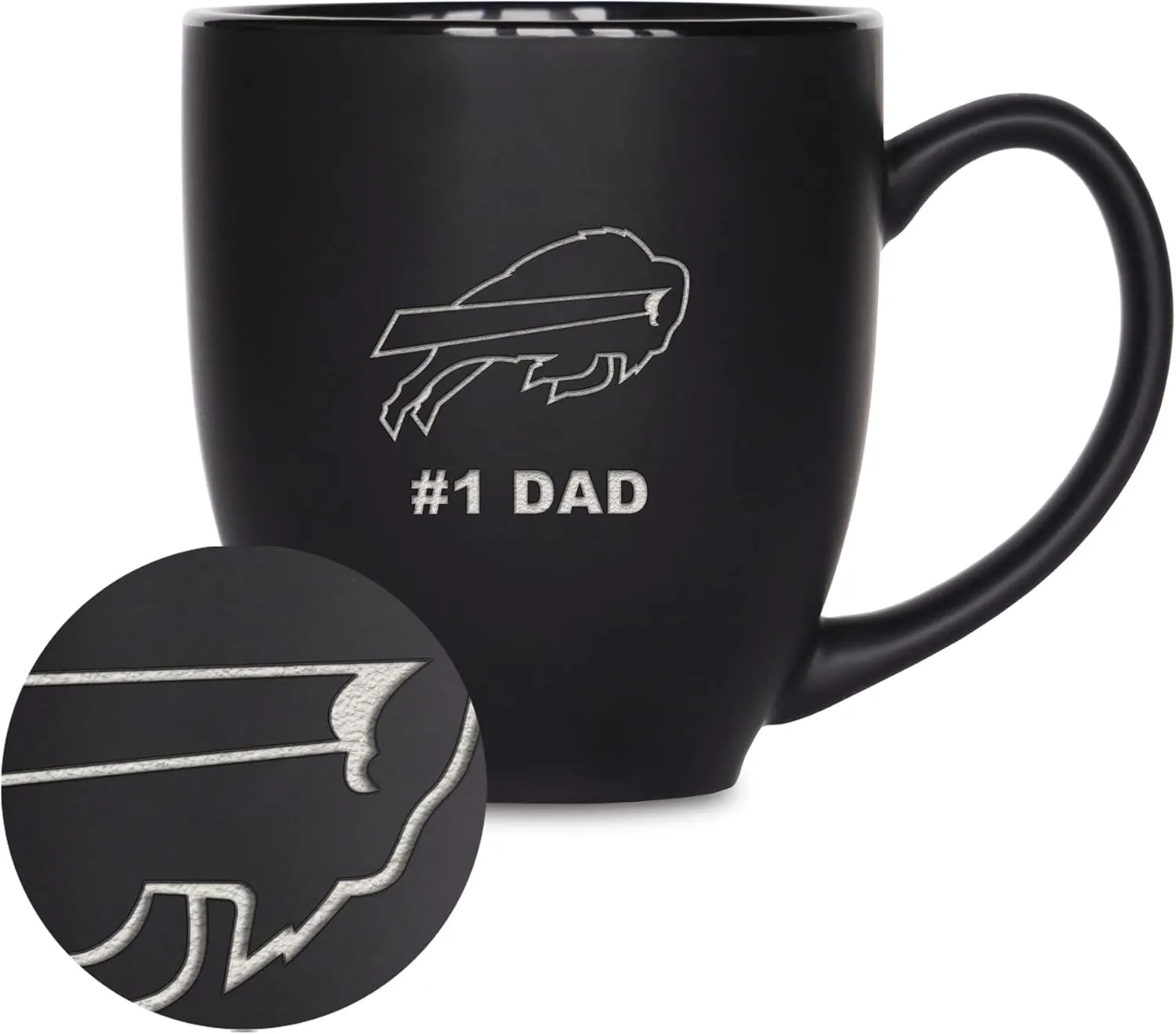Rico Industries NFL Football #1 Dad 15oz Laser Engraved Matte Black Ceramic Bistro Mug - for Hot or Cold Drinks