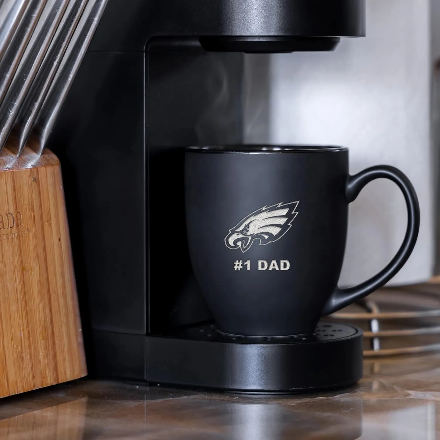 Rico Industries NFL Football #1 Dad 15oz Laser Engraved Matte Black Ceramic Bistro Mug - for Hot or Cold Drinks