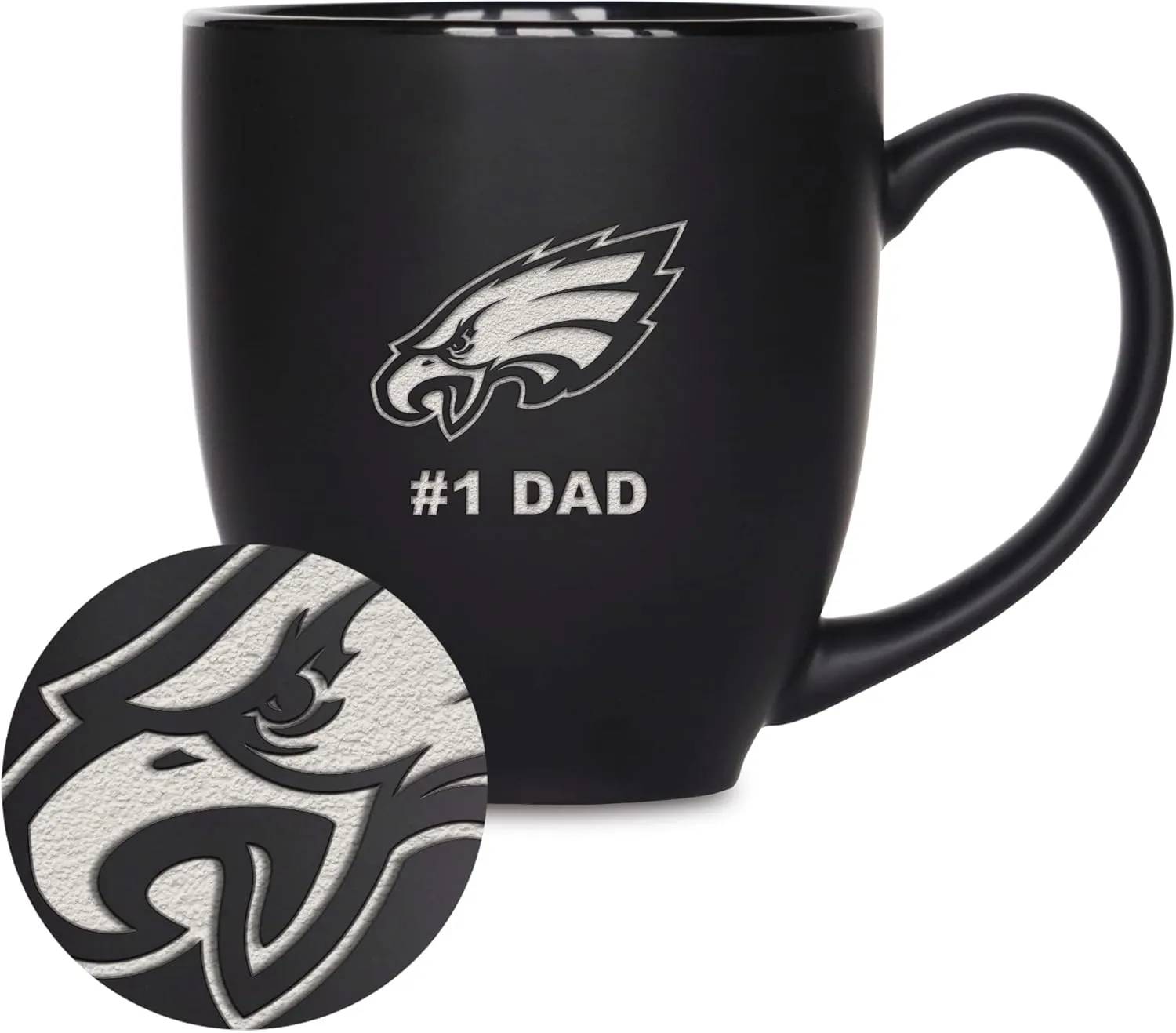 Rico Industries NFL Football #1 Dad 15oz Laser Engraved Matte Black Ceramic Bistro Mug - for Hot or Cold Drinks