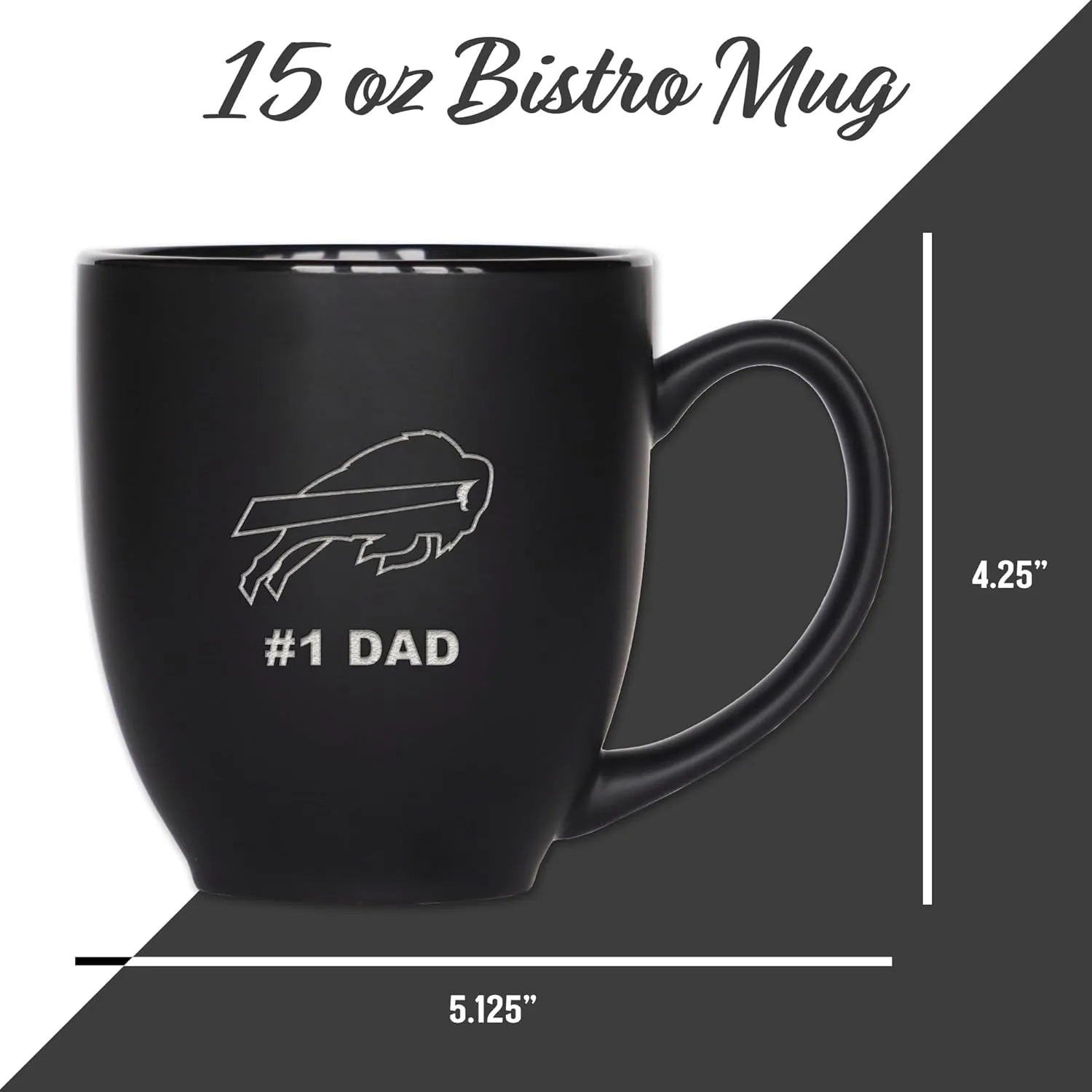 Rico Industries NFL Football #1 Dad 15oz Laser Engraved Matte Black Ceramic Bistro Mug - for Hot or Cold Drinks