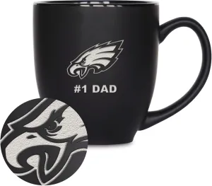 Rico Industries NFL Football #1 Dad 15oz Laser Engraved Matte Black Ceramic Bistro Mug - for Hot or Cold Drinks