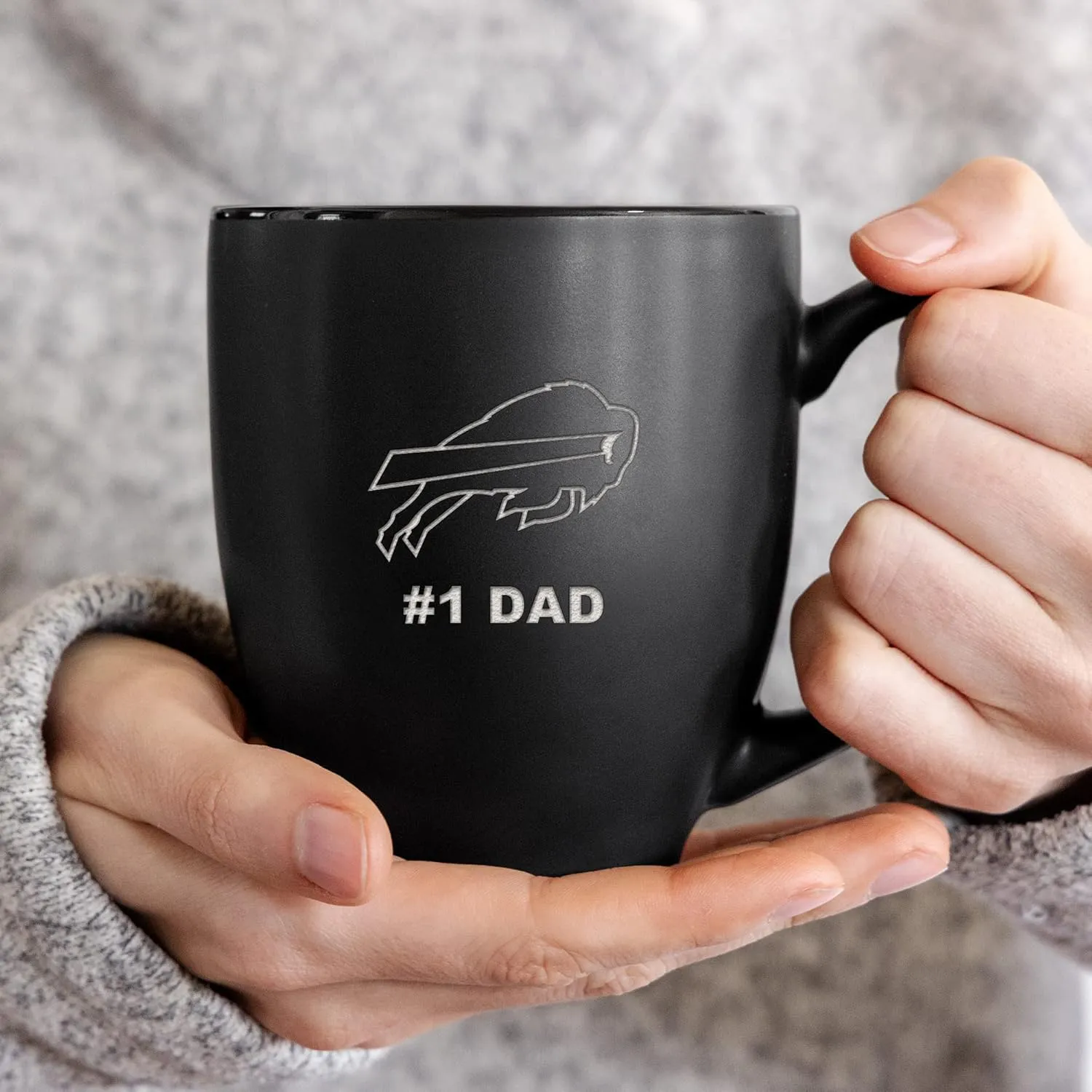 Rico Industries NFL Football #1 Dad 15oz Laser Engraved Matte Black Ceramic Bistro Mug - for Hot or Cold Drinks