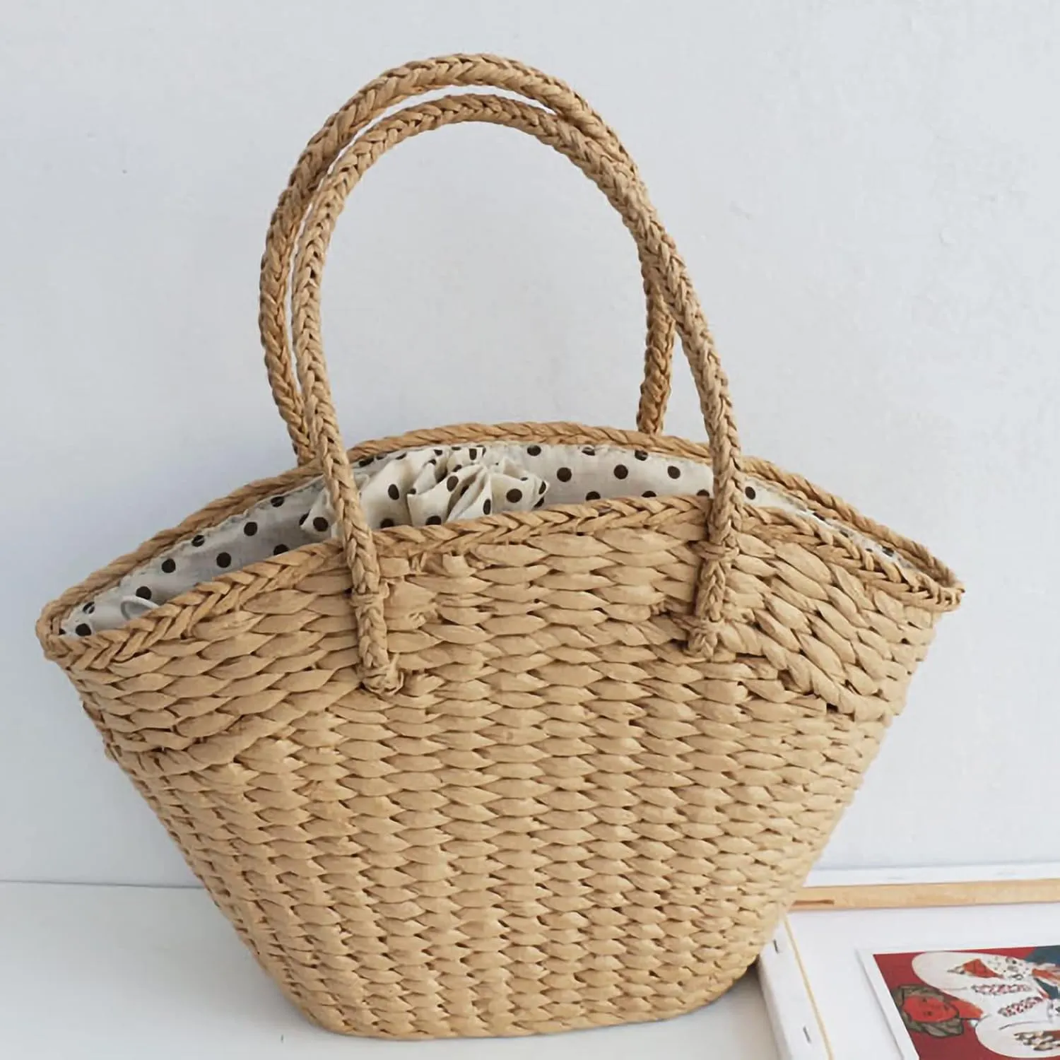rismart Women Summer Beach handbag Handmade Straw Tote Bag for Vacation Picnic Daily