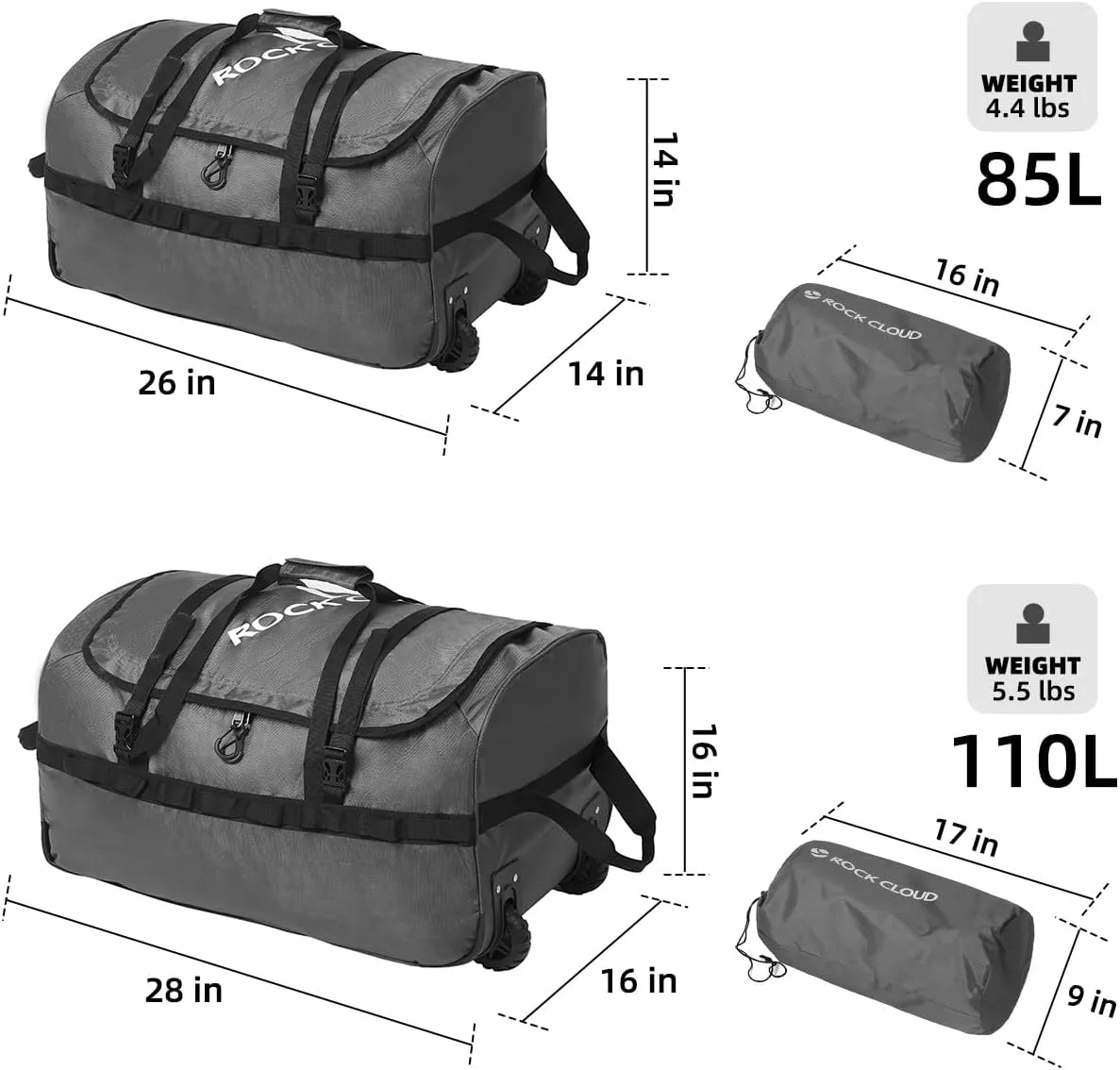 Rock Cloud Foldable Wheeled Duffel Bag with Widened Wheels 85L Rolling Duffle Bag Packable 26 inch for Travel Camping Sports