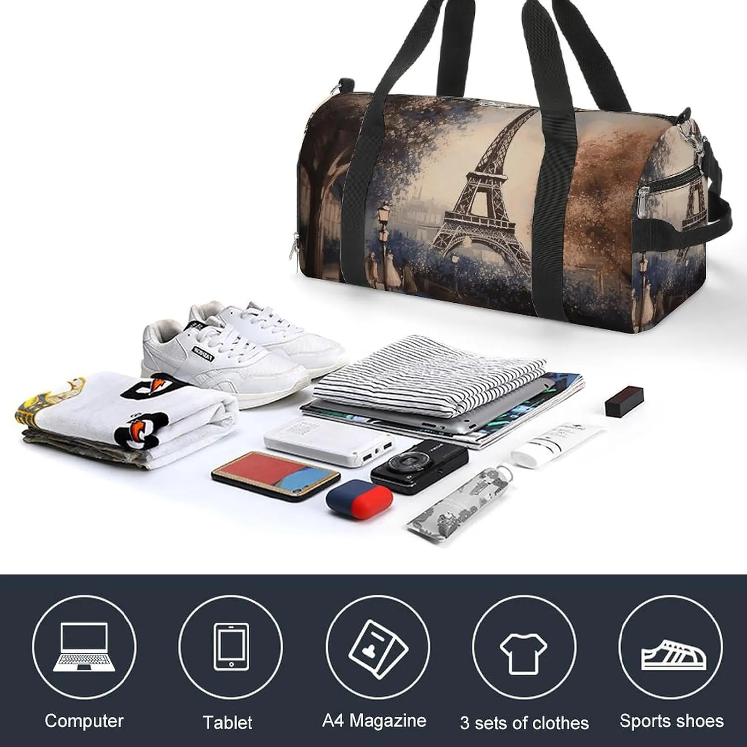 Romantic Paris Eiffel Tower Sports Gym Bag Carry on Holdalls for Men Small Duffel Bags for Women with Shoe Compartment