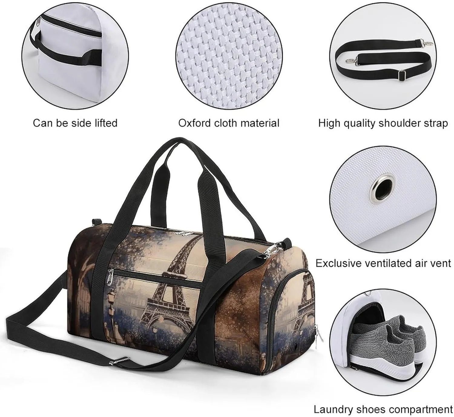 Romantic Paris Eiffel Tower Sports Gym Bag Carry on Holdalls for Men Small Duffel Bags for Women with Shoe Compartment