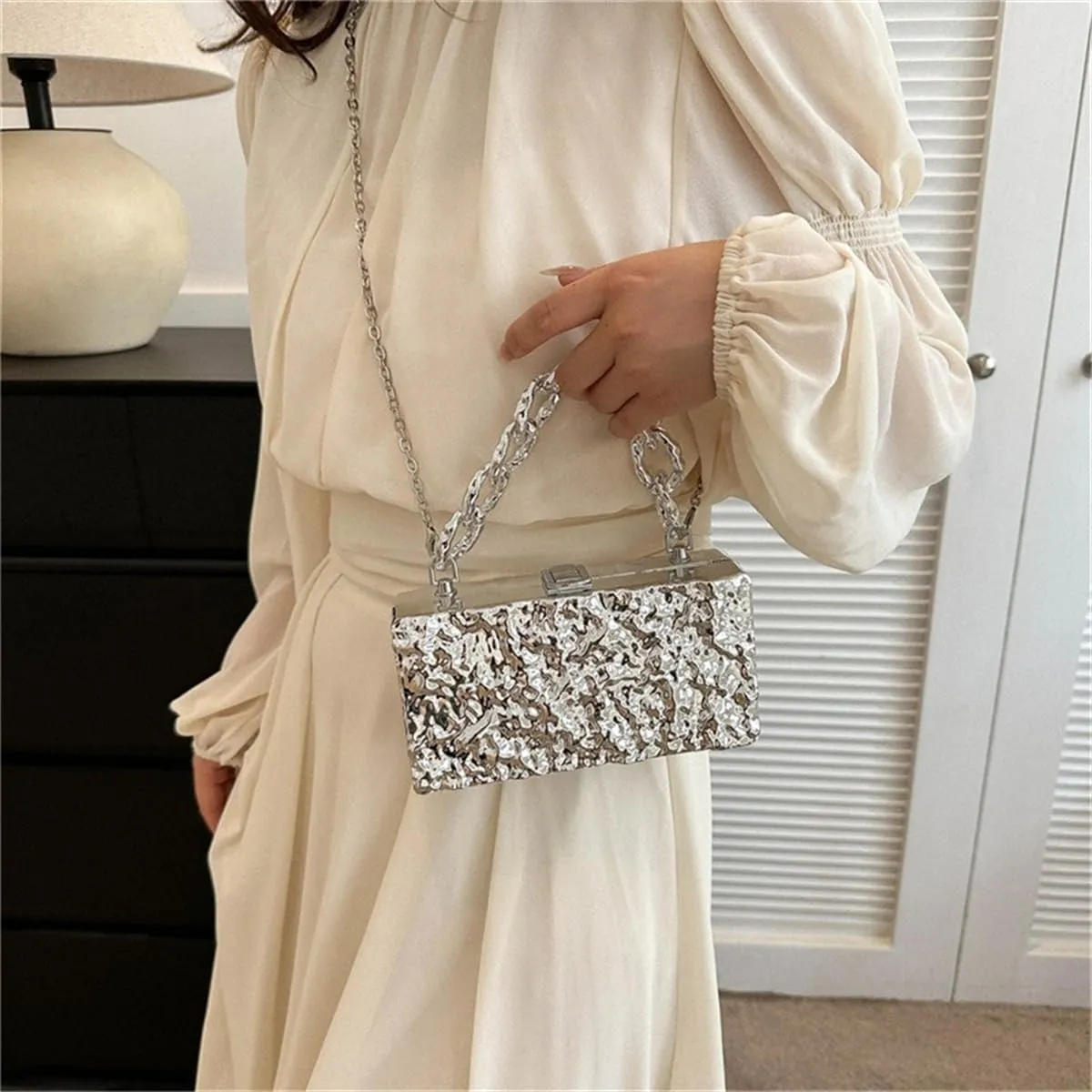 RomanticDesign Women Acrylic Box Clutch Purse Sparkly Silver Embossed Evening Handbag for Party Banquet Cocktail