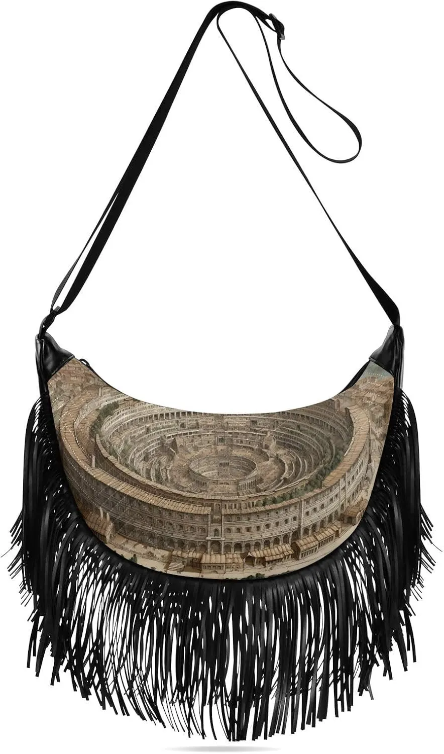 Rome Stadium Fringe Hippie Purses, Western Tassel Bags Crossbody Bags for Women with Adjustable Strap Fabric PU Material