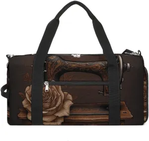 Rose And Sewing Machine Sports Gym Bag Carry on Holdalls for Men Small Duffel Bags for Women with Shoe Compartment