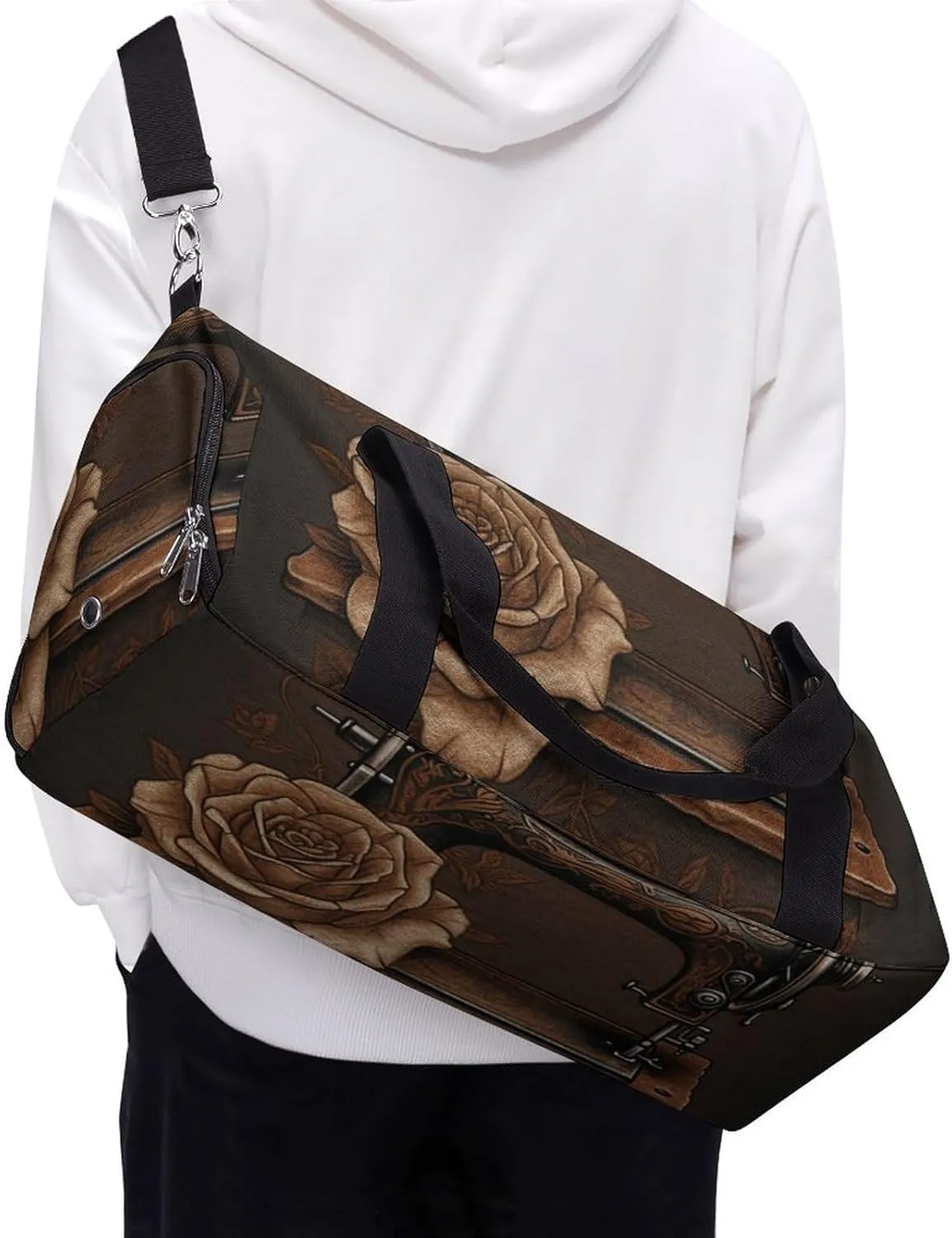 Rose And Sewing Machine Sports Gym Bag Carry on Holdalls for Men Small Duffel Bags for Women with Shoe Compartment