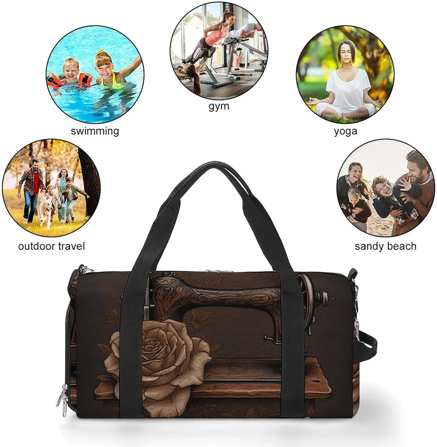 Rose And Sewing Machine Sports Gym Bag Carry on Holdalls for Men Small Duffel Bags for Women with Shoe Compartment
