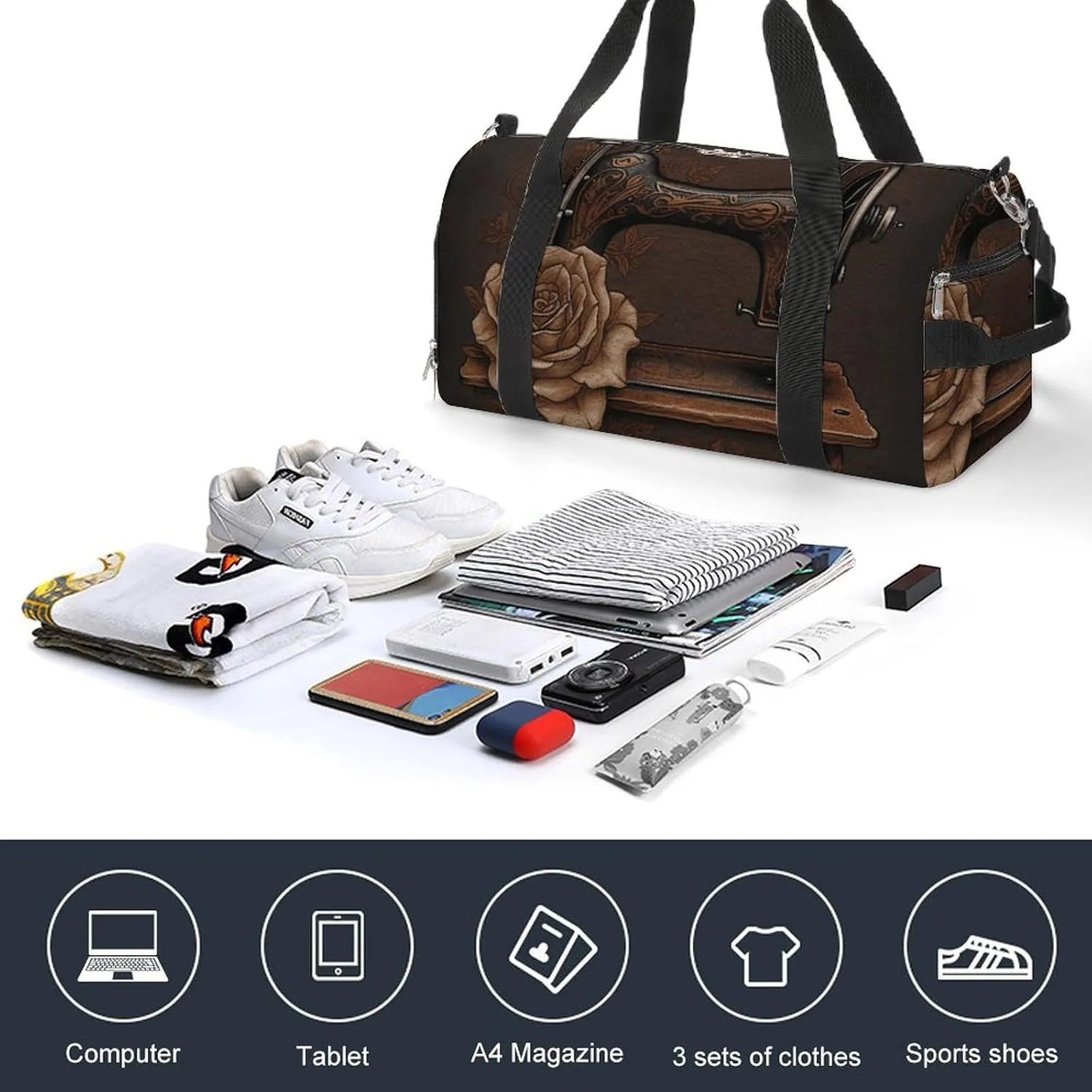 Rose And Sewing Machine Sports Gym Bag Carry on Holdalls for Men Small Duffel Bags for Women with Shoe Compartment