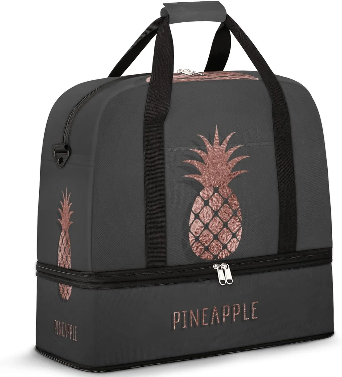 Rose Gold Pineapple Foldable Travel Duffel Bag Tote Carry on Luggage Sport Duffle for Women Men Gym Bag Overnight Weekender Bags with Shoe Compartments and Shoulder Strap