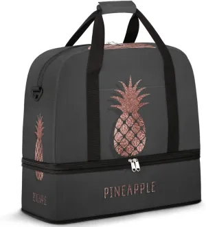 Rose Gold Pineapple Foldable Travel Duffel Bag Tote Carry on Luggage Sport Duffle for Women Men Gym Bag Overnight Weekender Bags with Shoe Compartments and Shoulder Strap