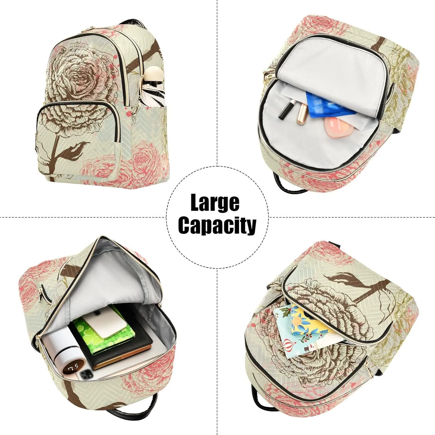 Rose Mini Backpack Women's Quilted Small Backpack Purse for Women College Fashion Travel Daypack Shoulder Bag