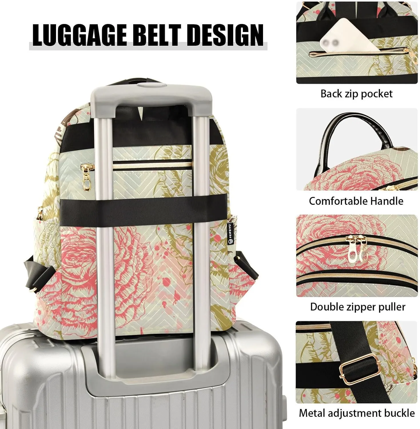 Rose Mini Backpack Women's Quilted Small Backpack Purse for Women College Fashion Travel Daypack Shoulder Bag