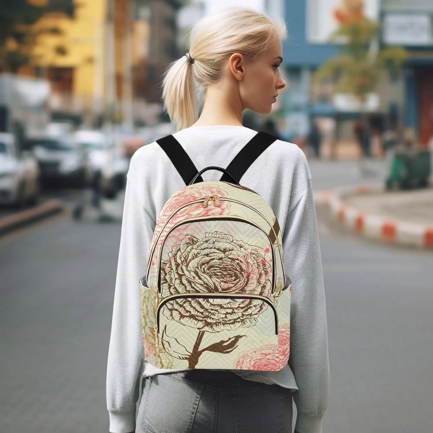 Rose Mini Backpack Women's Quilted Small Backpack Purse for Women College Fashion Travel Daypack Shoulder Bag