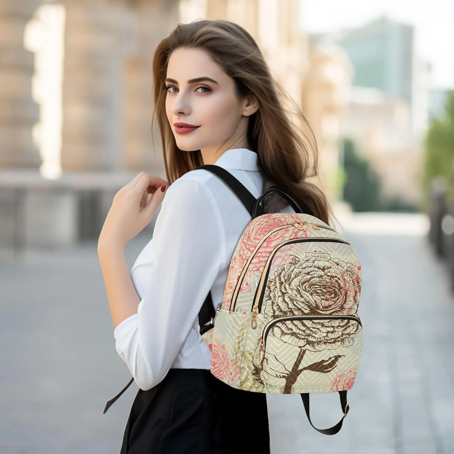 Rose Mini Backpack Women's Quilted Small Backpack Purse for Women College Fashion Travel Daypack Shoulder Bag