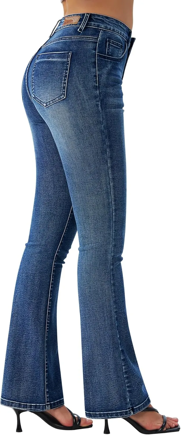 roswear Women's Trendy Stretchy Flare Jeans Mid Rise Bootcut Curvy Denim Pants
