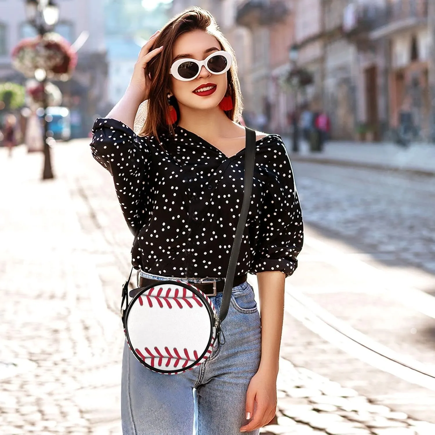 Round Crossbody Bag Small Circle Purse Zip Handbag for Women