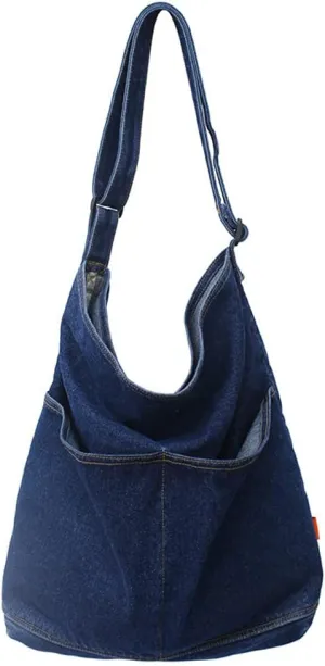 ROUROU Denim Shoulder Bag - Women's Hobo Tote Canvas Crossbody Bag - Large Capacity Purse