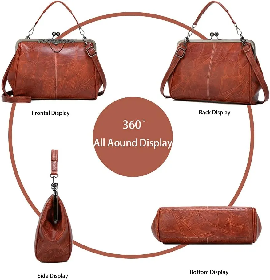 ROUROU Retro Hollow Handbag for Women PU Leather Shoulder Bag Evening Clutch Bag Kiss Lock Closure Crossbody Bag Purse