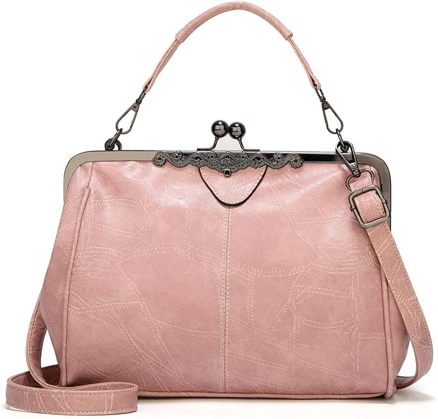 ROUROU Retro Hollow Handbag for Women PU Leather Shoulder Bag Evening Clutch Bag Kiss Lock Closure Crossbody Bag Purse