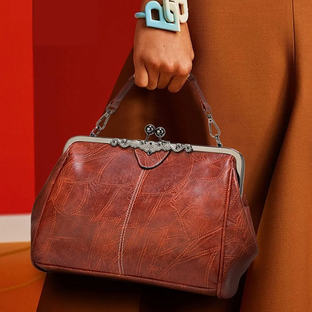 ROUROU Retro Hollow Handbag for Women PU Leather Shoulder Bag Evening Clutch Bag Kiss Lock Closure Crossbody Bag Purse