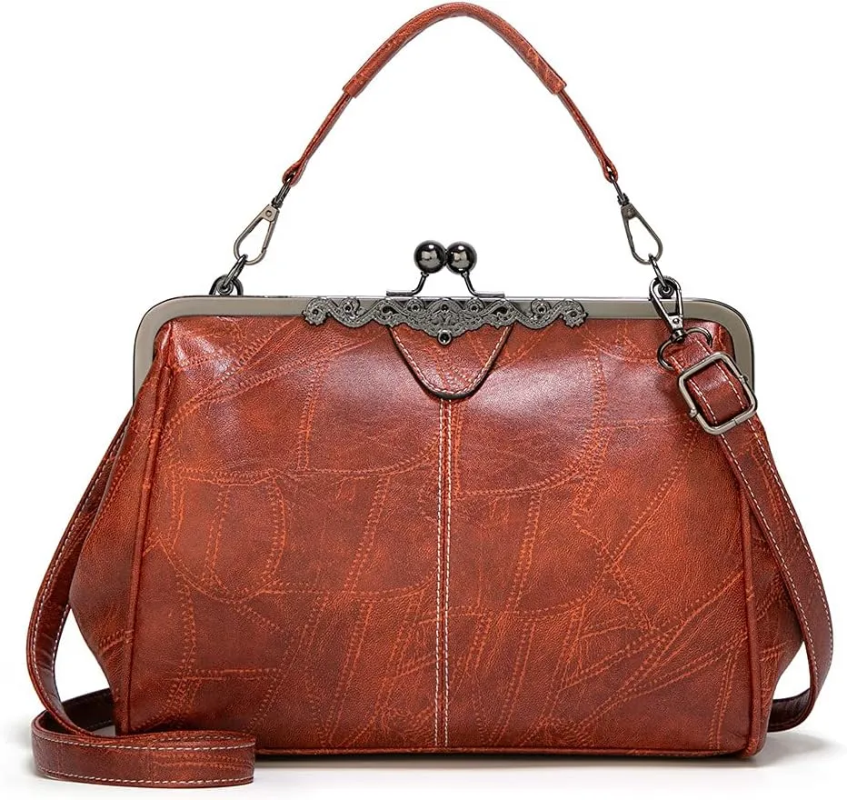 ROUROU Retro Hollow Handbag for Women PU Leather Shoulder Bag Evening Clutch Bag Kiss Lock Closure Crossbody Bag Purse