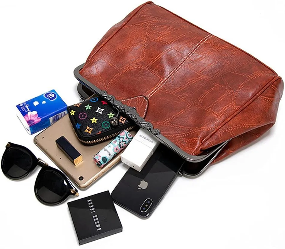 ROUROU Retro Hollow Handbag for Women PU Leather Shoulder Bag Evening Clutch Bag Kiss Lock Closure Crossbody Bag Purse