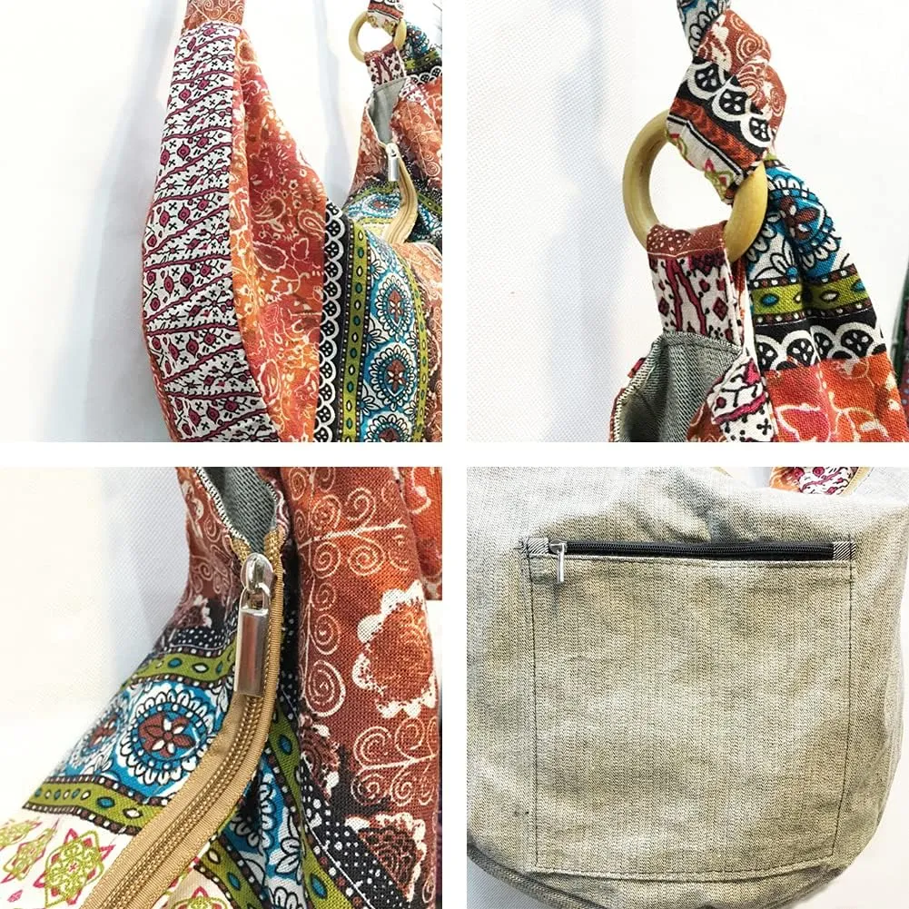 ROUROU Shoulder Bag for Women Hippie Crossbody Bag Bohemian Handbag Printed Pattern Hobo Bag Canvas Purse Cotton Satchel
