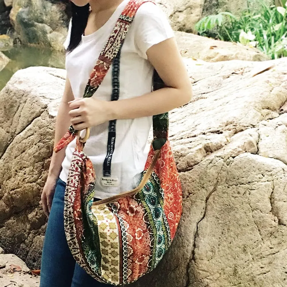 ROUROU Shoulder Bag for Women Hippie Crossbody Bag Bohemian Handbag Printed Pattern Hobo Bag Canvas Purse Cotton Satchel