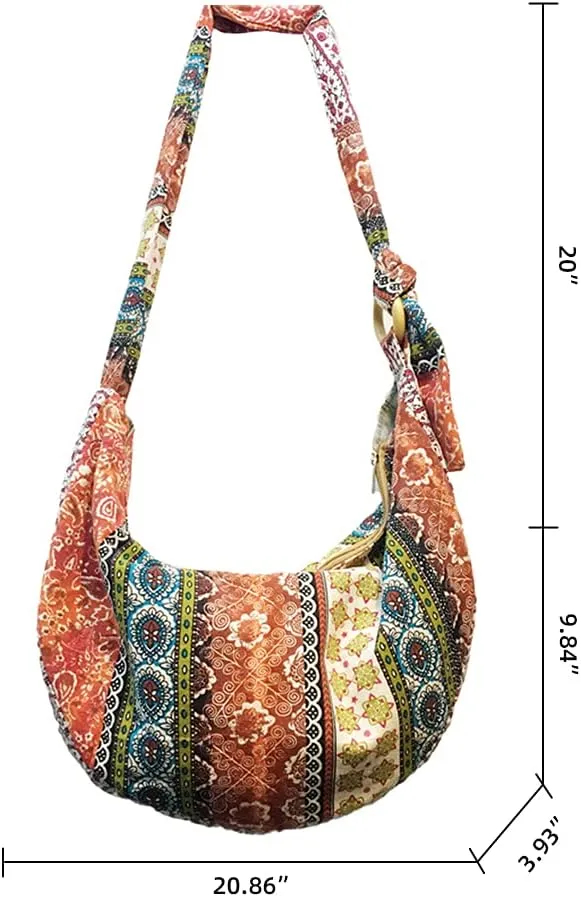 ROUROU Shoulder Bag for Women Hippie Crossbody Bag Bohemian Handbag Printed Pattern Hobo Bag Canvas Purse Cotton Satchel