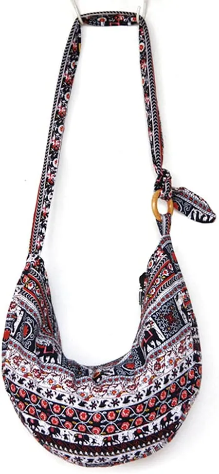 ROUROU Shoulder Bag for Women Hippie Crossbody Bag Bohemian Handbag Printed Pattern Hobo Bag Canvas Purse Cotton Satchel